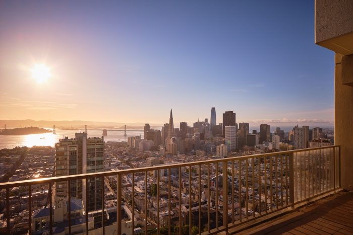 View of SF skyline and bridge from balcony of 999 Green St penthouse